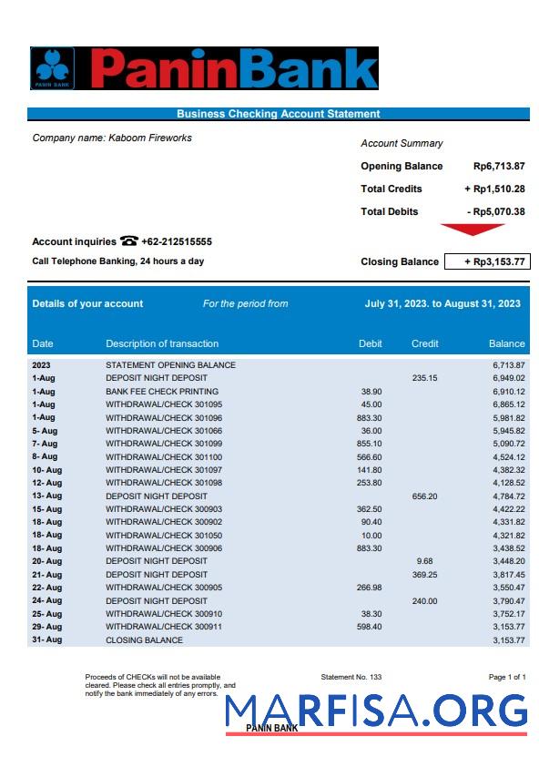 Printable Panin Bank organization checking account statement Word and PDF template